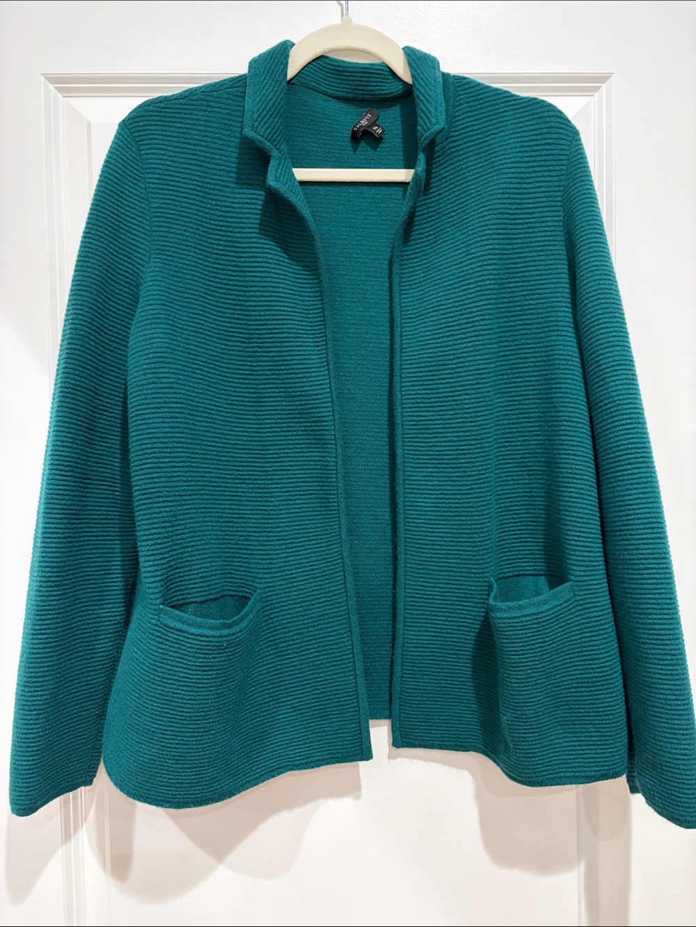 Talbots Green Ribbed Open-Front Wool Blend Cardigan Blazer, Medium Petite